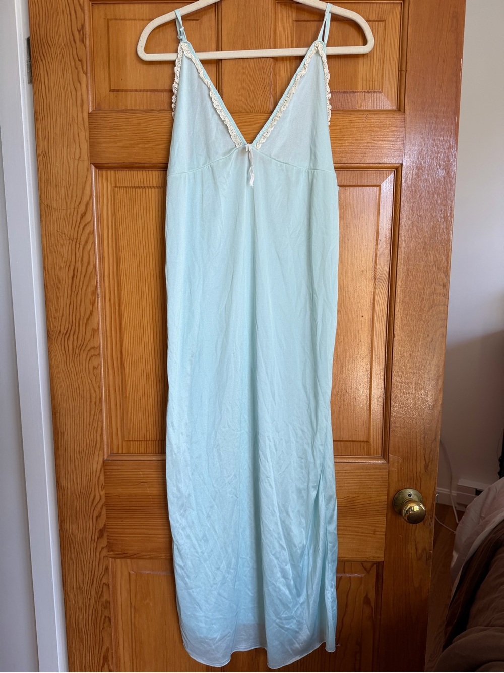 Vintage Y2K Light Blue Satin Lace Trim Slip Dress - Size Small